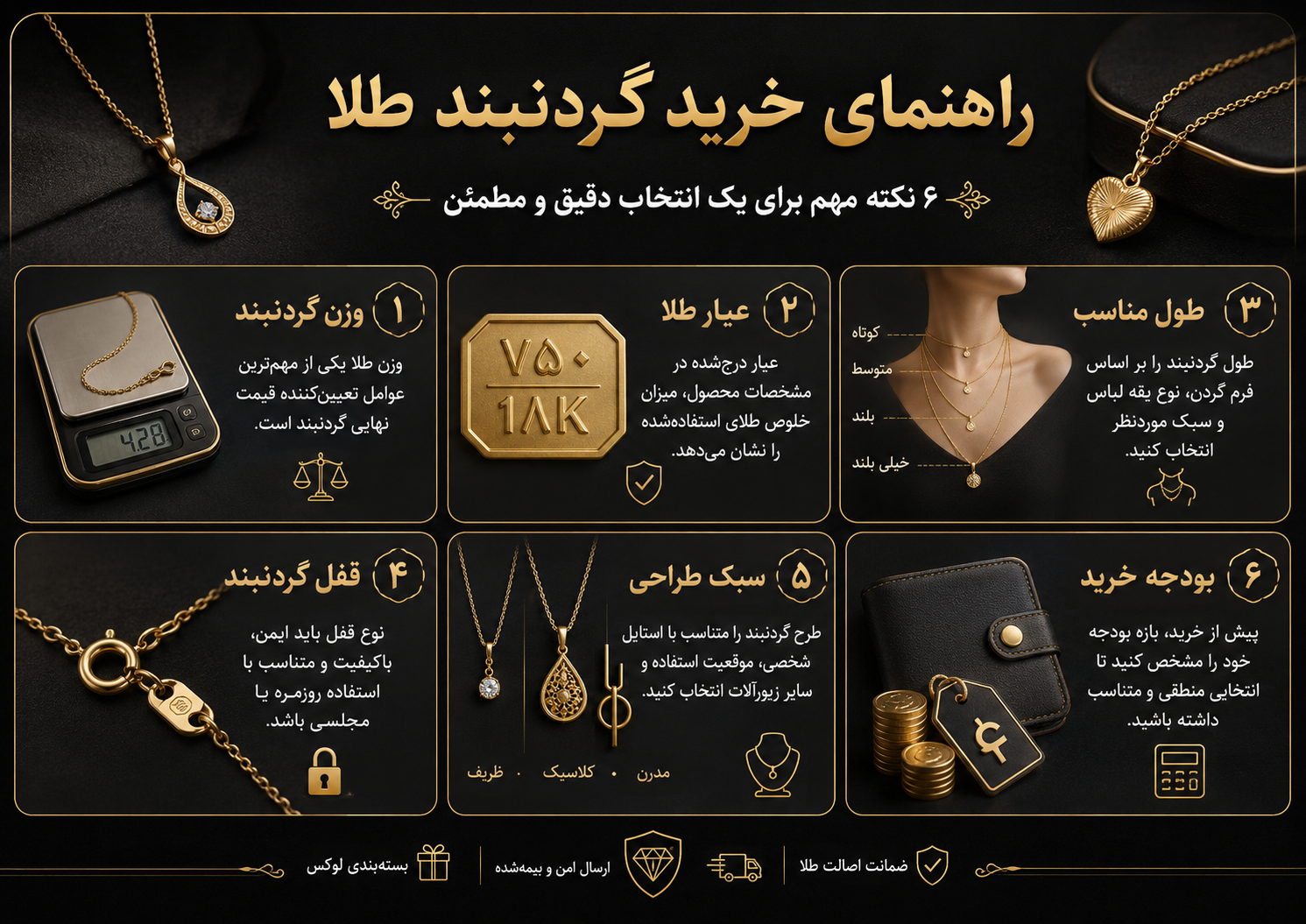 راهنمای خرید گردنبند طلا و بررسی وزن، عیار، طول، قفل و قیمت
